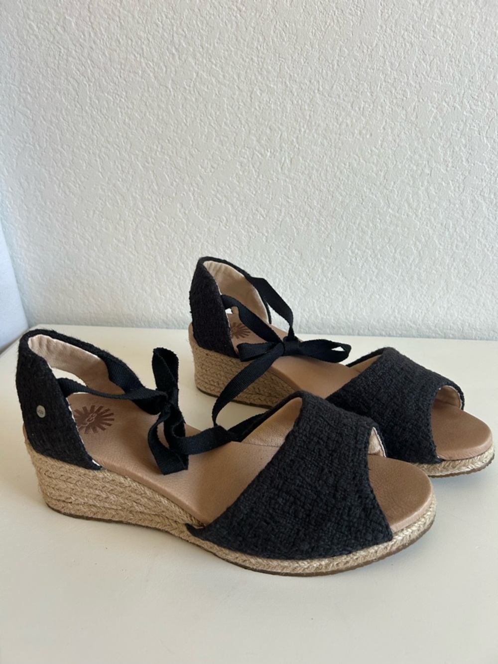 UGG Black Espadrille Wedge Sandals with Ankle Tie, Size 8